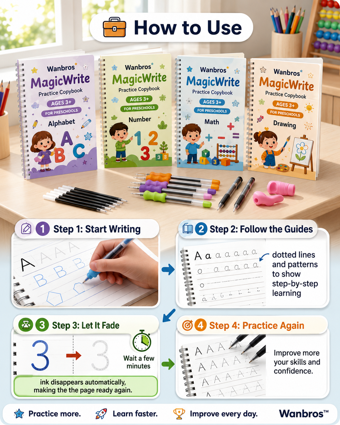 Magic Reusable Practice Workbook Set for Kids